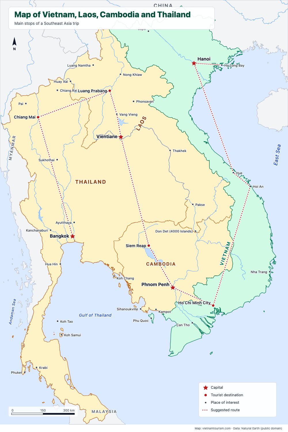 Map of Vietnam, Laos, Cambodia and Thailand with a suggested route and 36 places