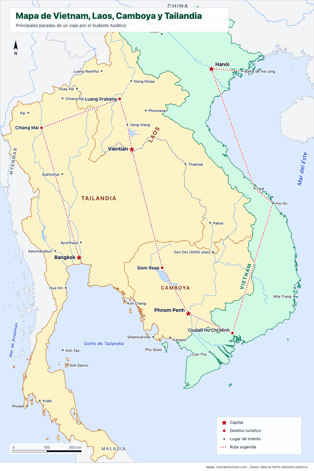 Mapa de Vietnam, Laos, Camboya y Tailandia con una ruta sugerida y 36 lugares
