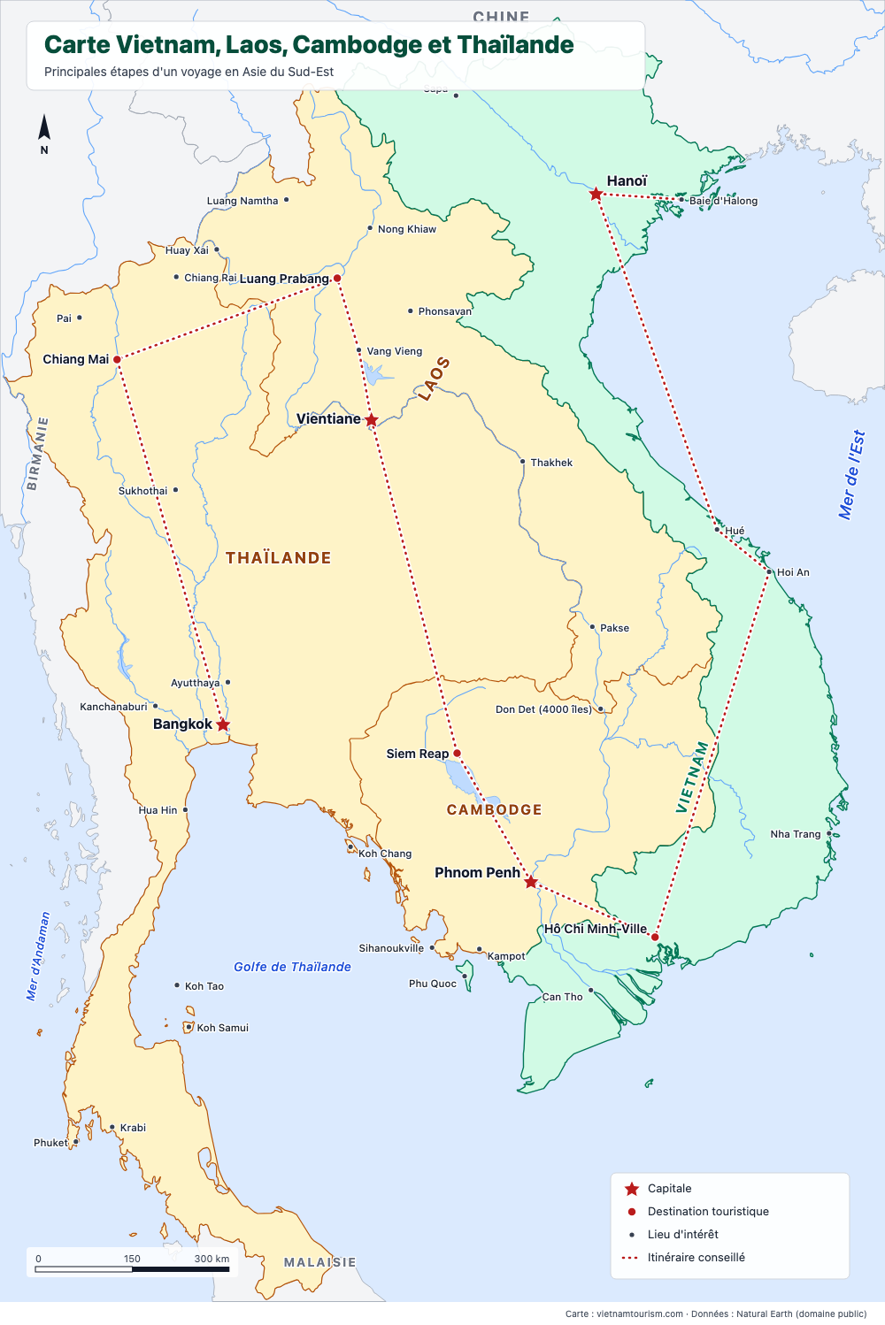 Carte du Vietnam, du Laos, du Cambodge et de la Thaïlande avec un itinéraire conseillé et 36 lieux