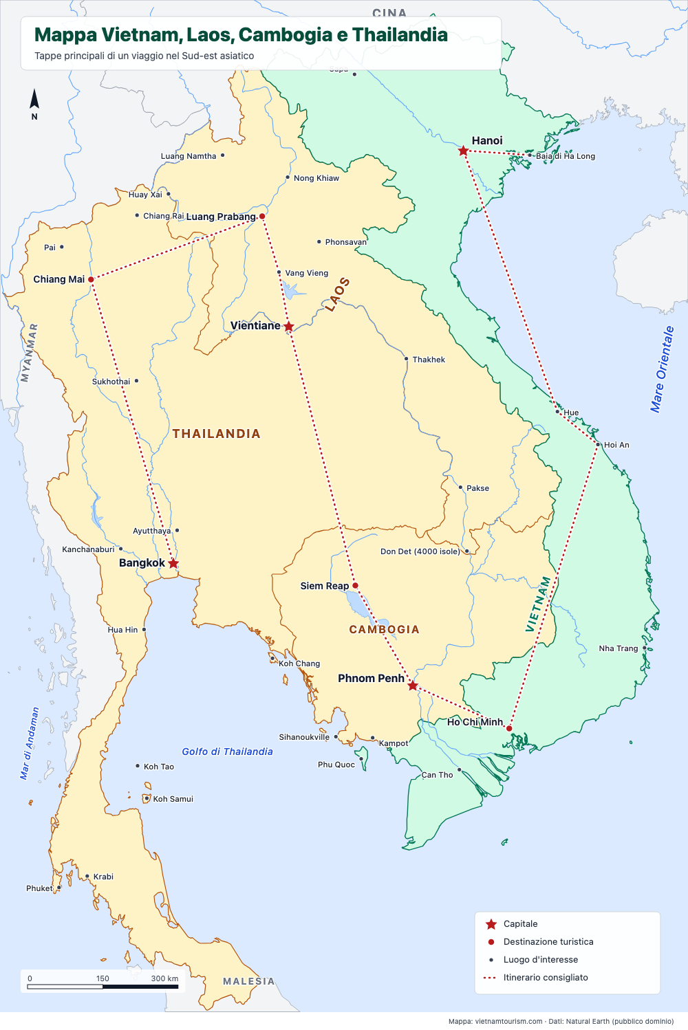 Mappa di Vietnam, Laos, Cambogia e Thailandia con un itinerario consigliato e 36 luoghi