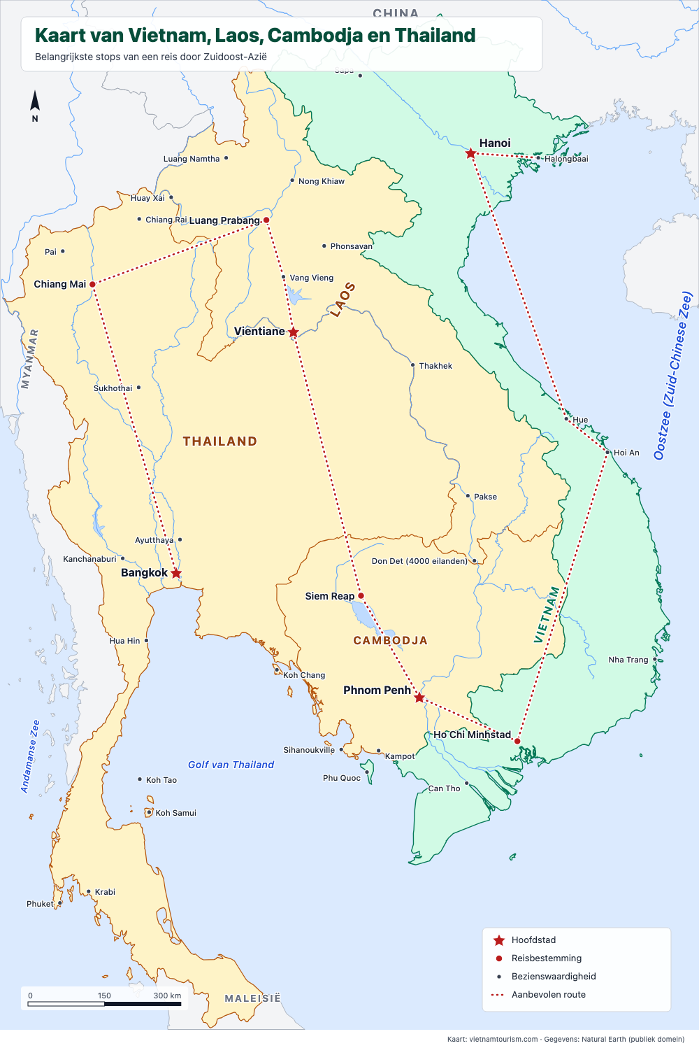 Kaart van Vietnam, Laos, Cambodja en Thailand met een voorgestelde route en 36 plaatsen