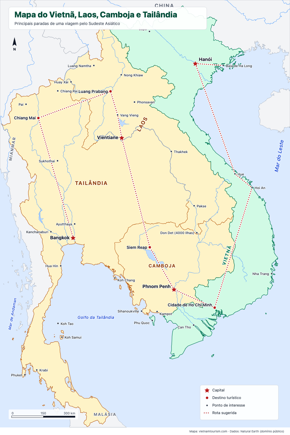 Mapa do Vietnã, Laos, Camboja e Tailândia com uma rota sugerida e 36 lugares