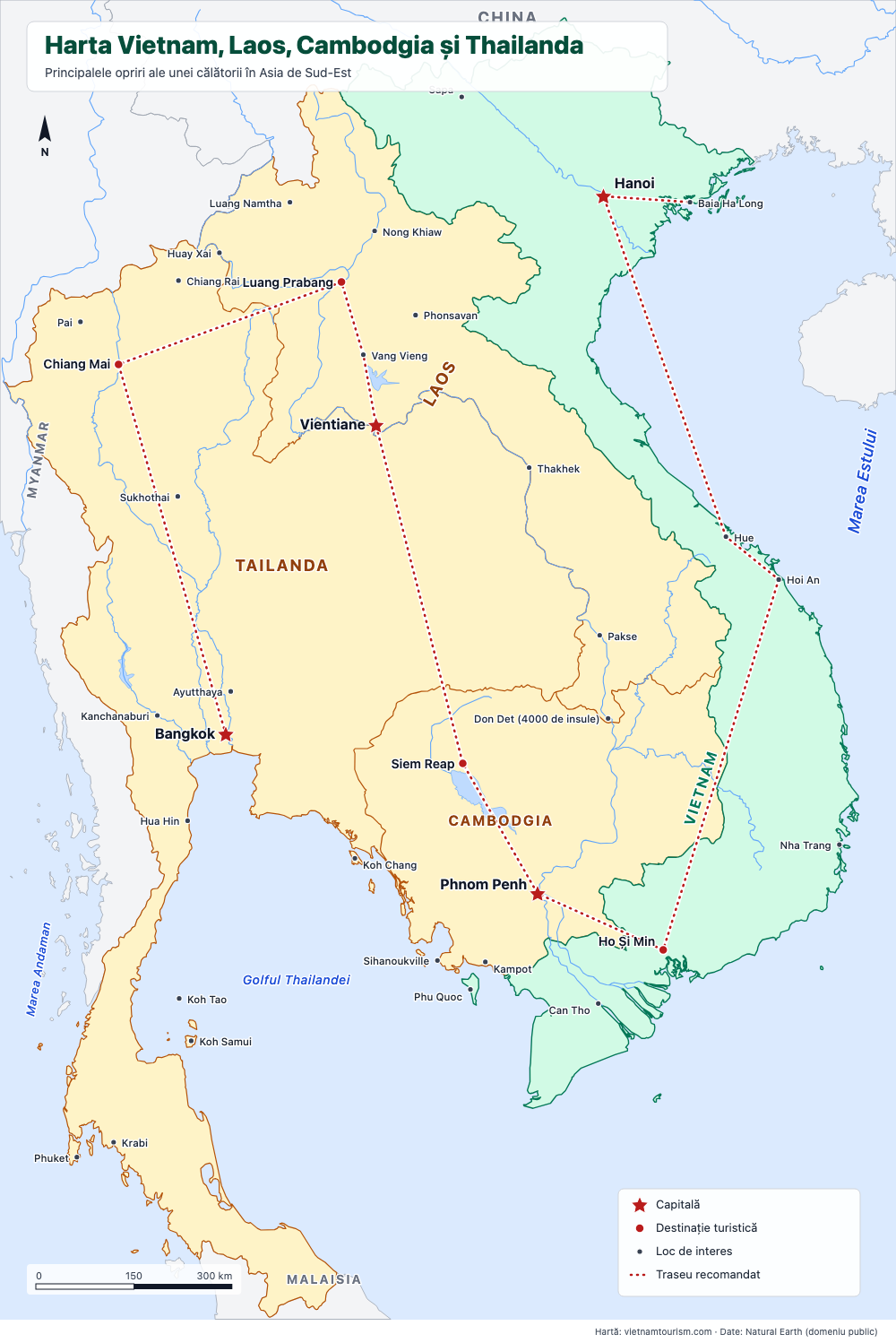 Hartă cu Vietnam, Laos, Cambodgia și Thailanda, cu un traseu recomandat și 36 de locuri