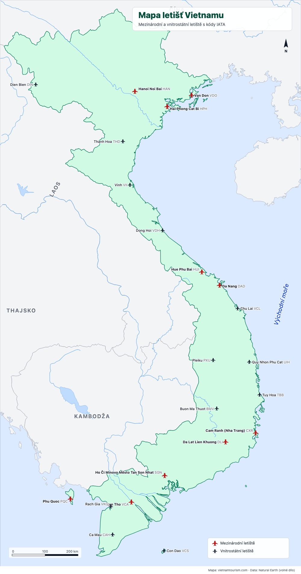 Mapa 22 letišť Vietnamu s kódy IATA, mezinárodní letiště červeně