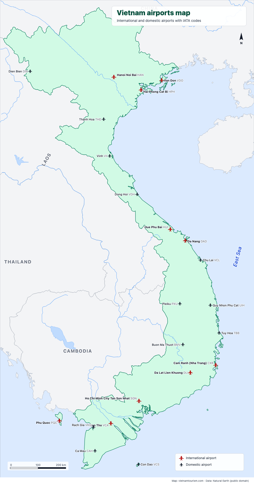 Map of Vietnam's 22 airports with IATA codes, international airports in red