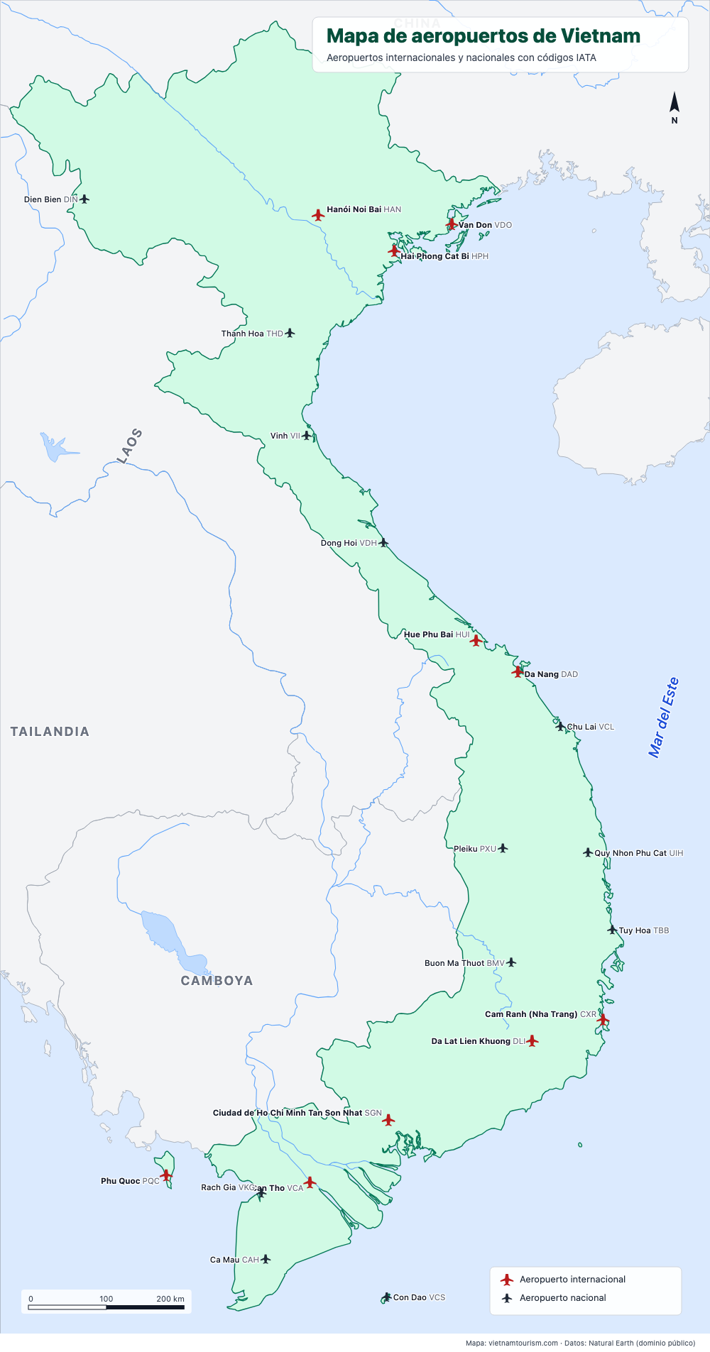 Mapa de los 22 aeropuertos de Vietnam con códigos IATA, aeropuertos internacionales en rojo