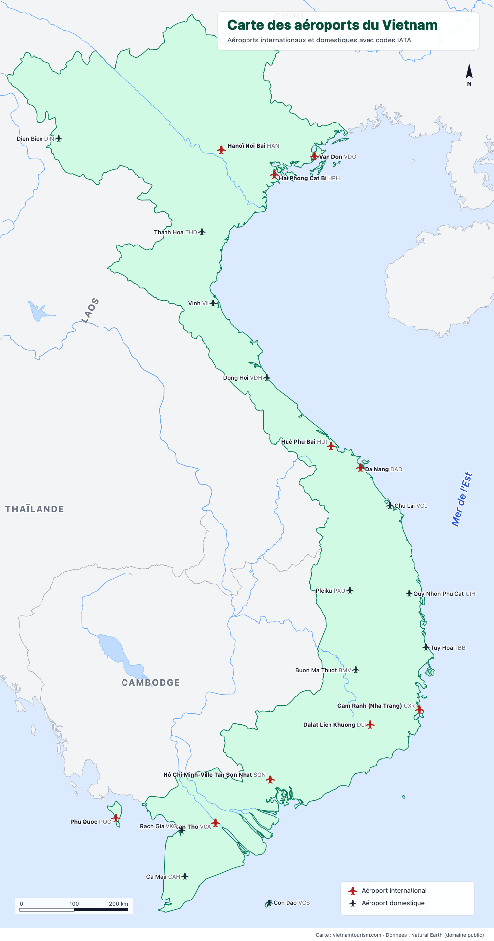 Carte des 22 aéroports du Vietnam avec les codes IATA, aéroports internationaux en rouge