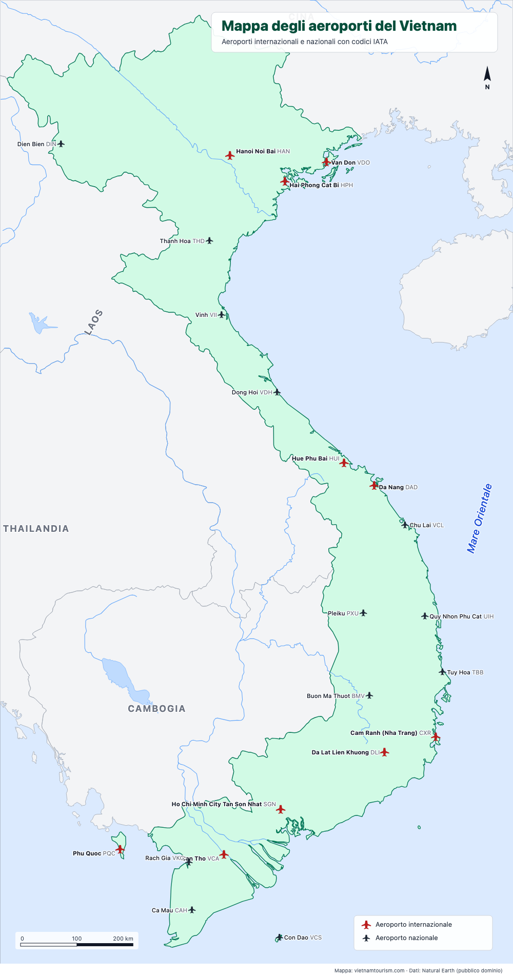 Mappa dei 22 aeroporti del Vietnam con i codici IATA, aeroporti internazionali in rosso