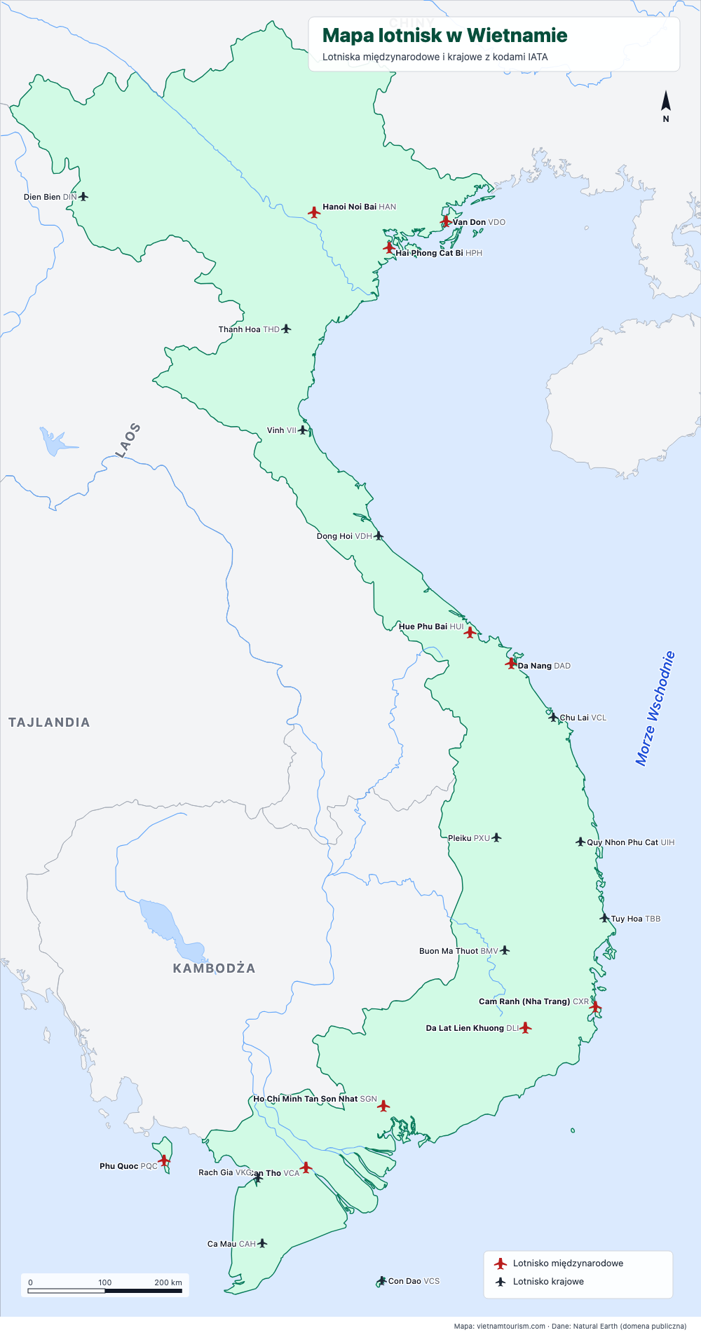 Mapa 22 lotnisk Wietnamu z kodami IATA, lotniska międzynarodowe na czerwono
