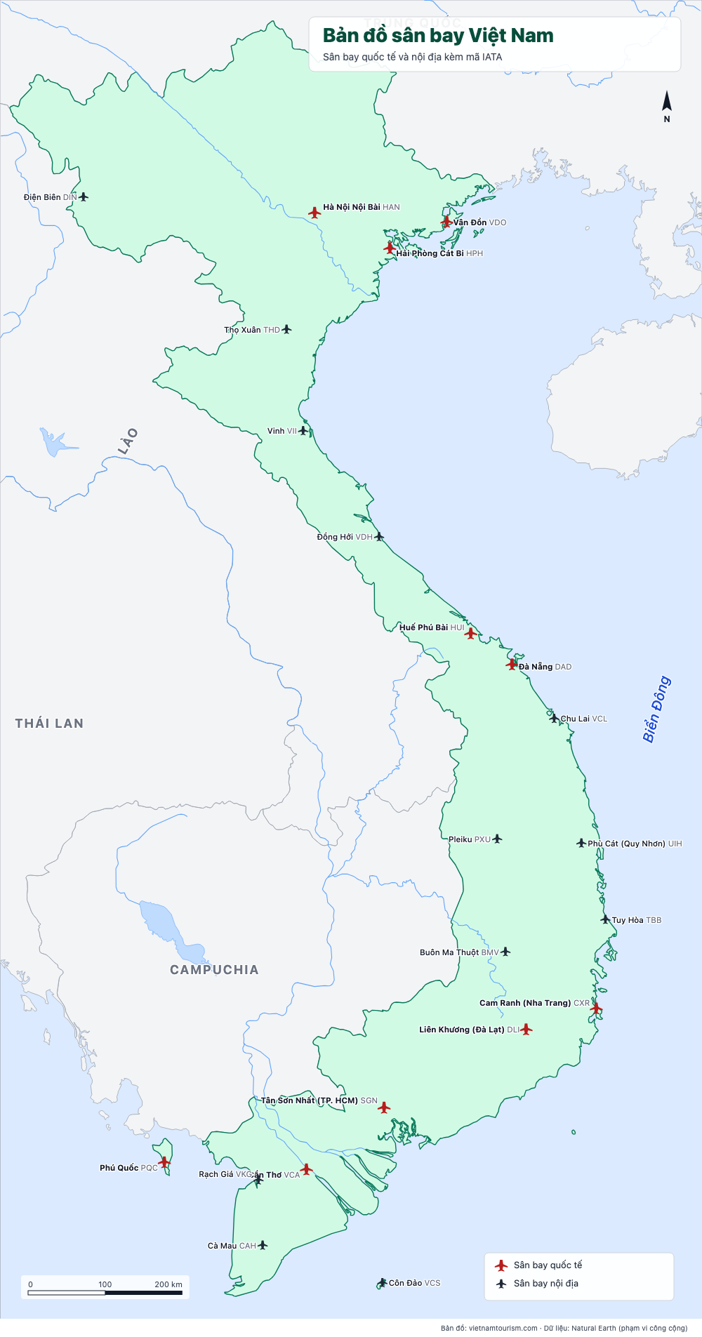 Bản đồ 22 sân bay Việt Nam với mã IATA, sân bay quốc tế màu đỏ