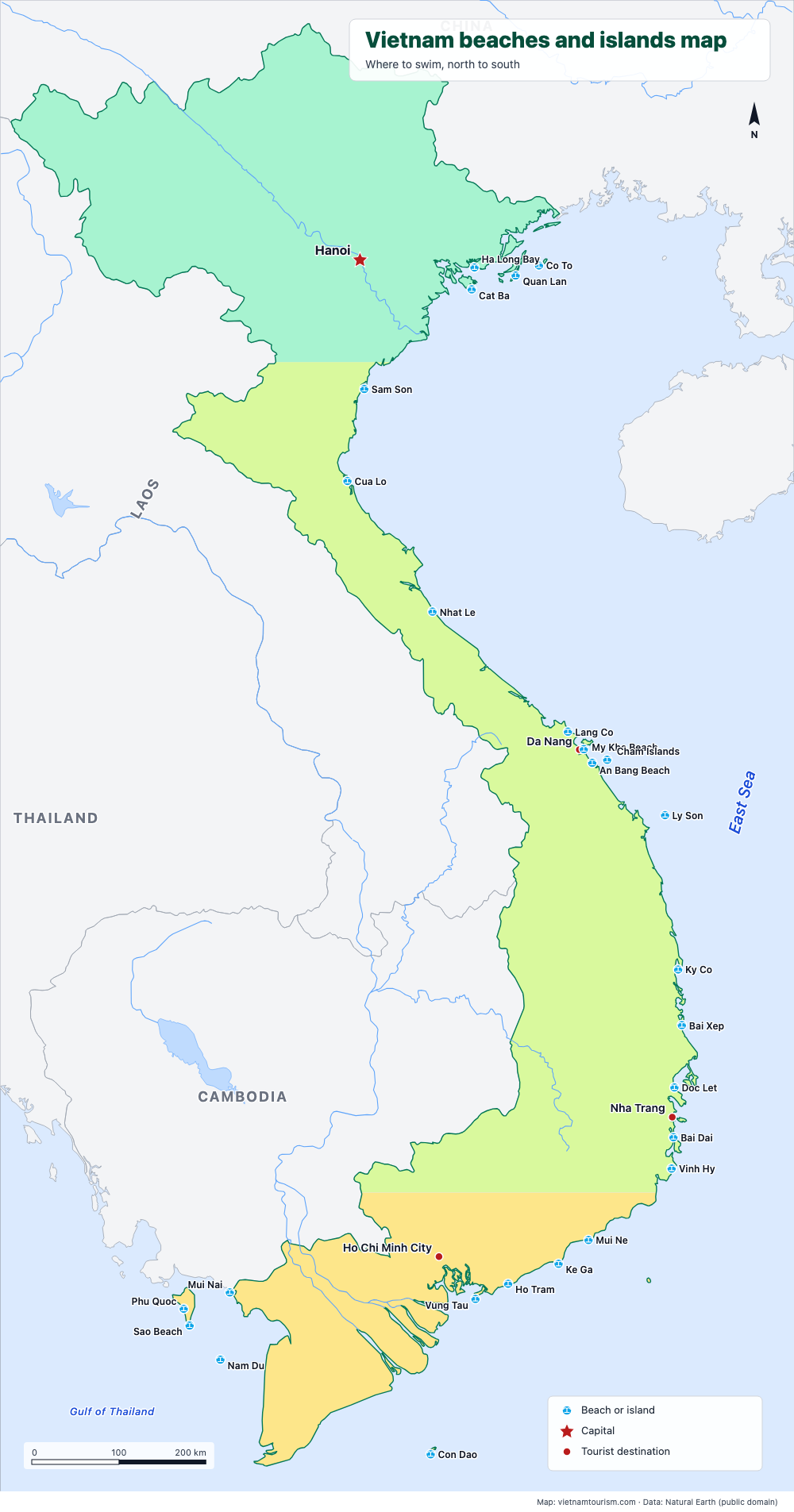 Map of Vietnam's beaches and islands with 26 places marked