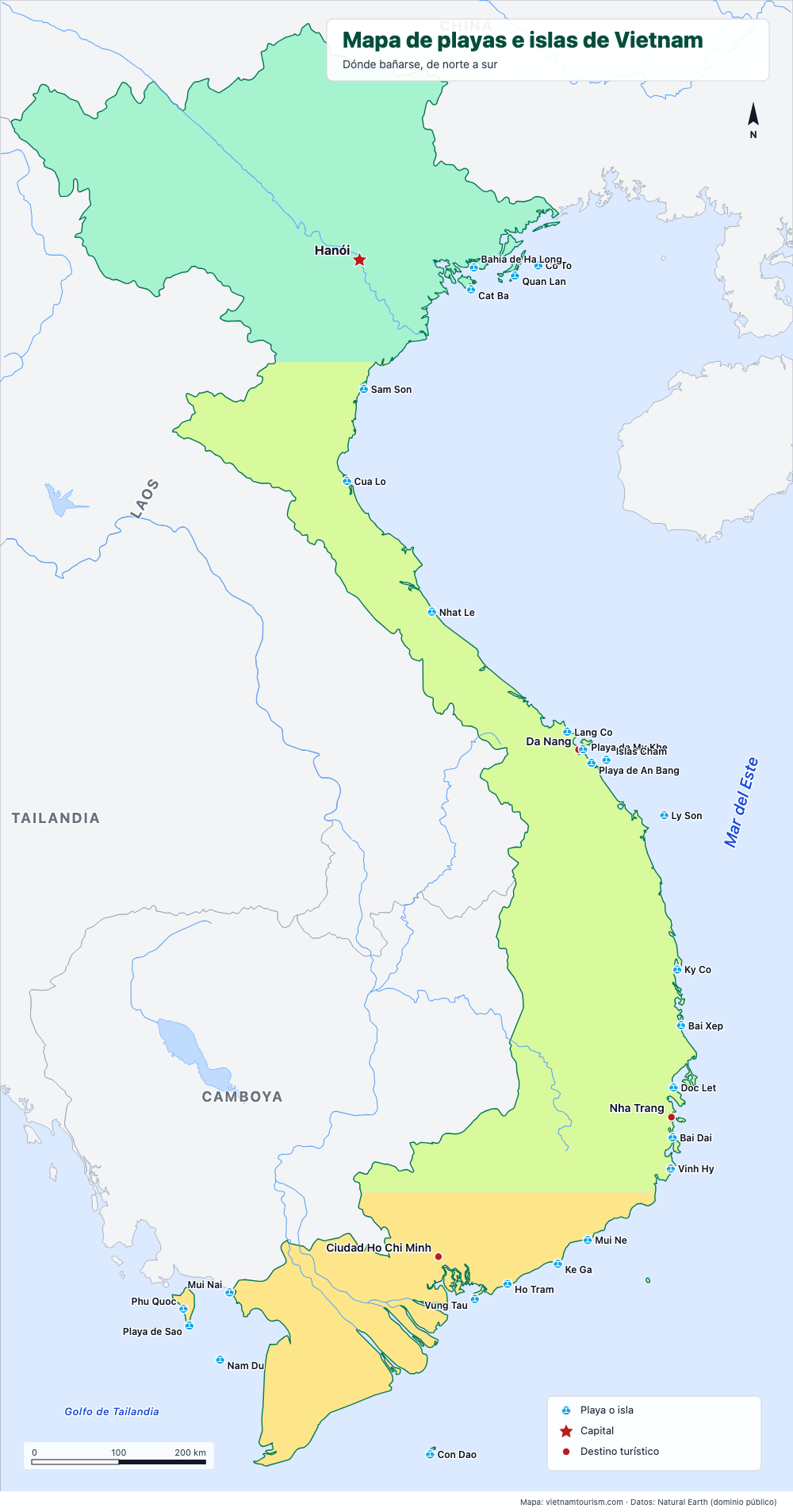 Mapa de playas e islas de Vietnam con 26 lugares marcados