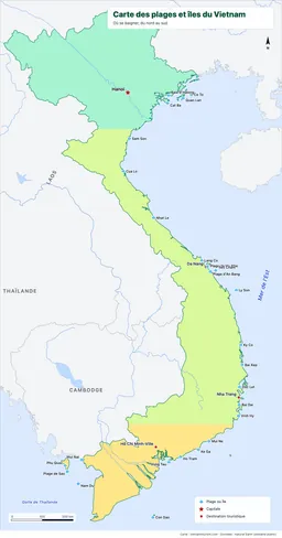 Carte des plages et îles du Vietnam avec 26 lieux repérés