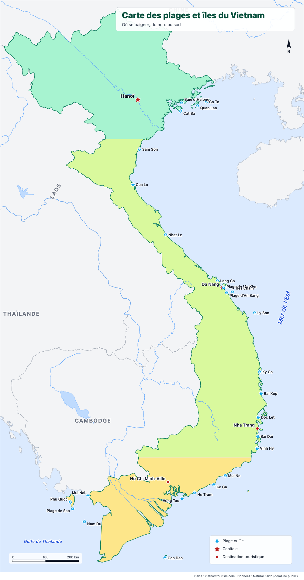 Carte des plages et îles du Vietnam avec 26 lieux repérés
