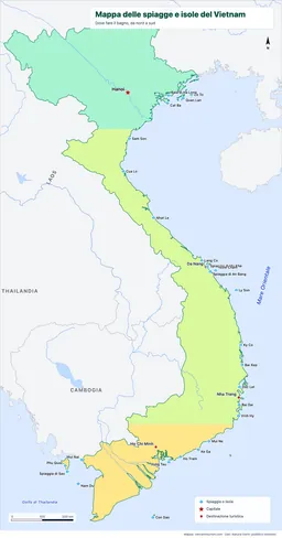 Mappa delle spiagge e isole del Vietnam con 26 località indicate