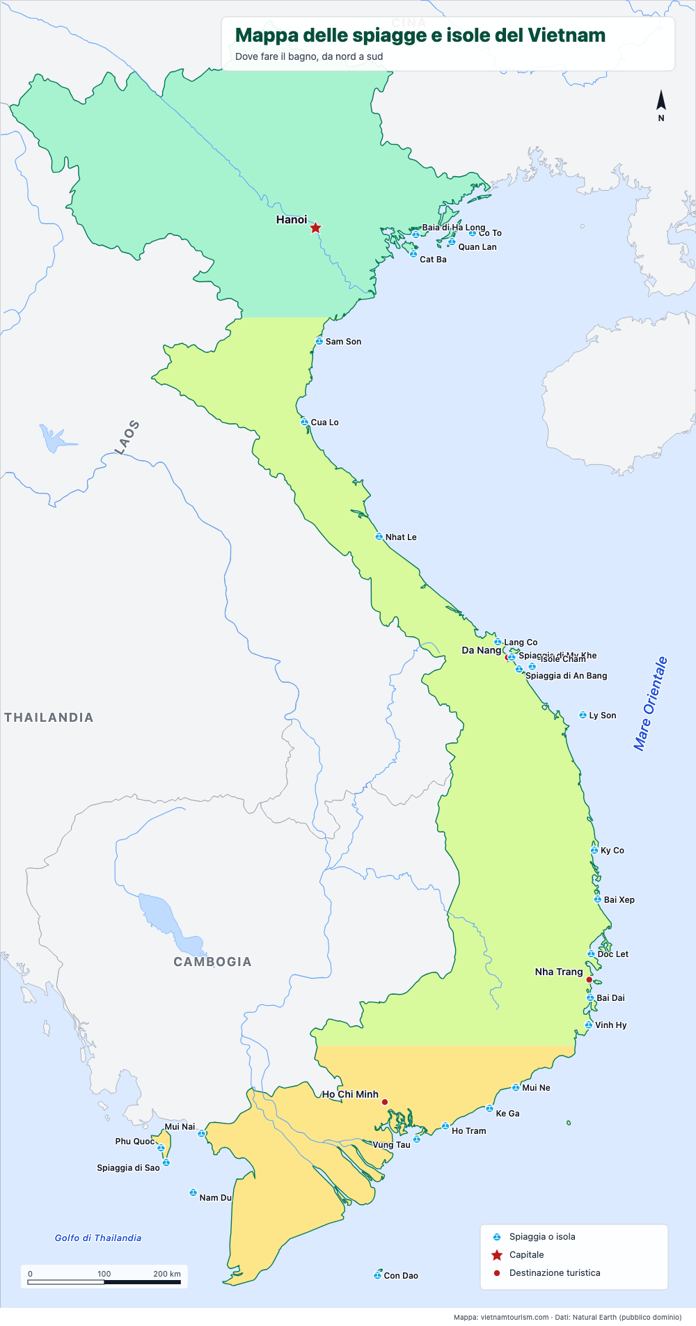 Mappa delle spiagge e isole del Vietnam con 26 località indicate