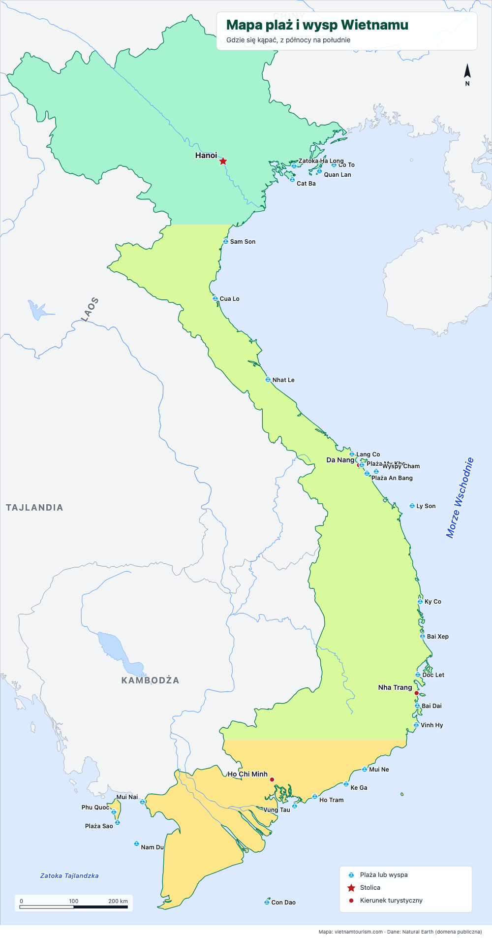 Mapa plaż i wysp Wietnamu z 26 zaznaczonymi miejscami