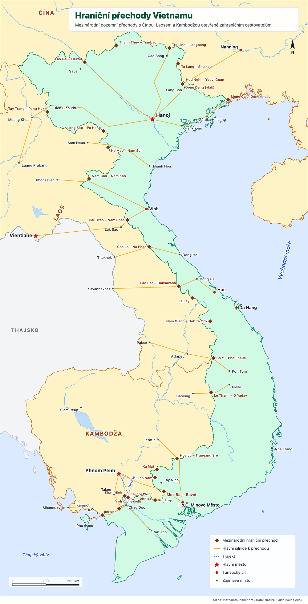 Mapa mezinárodních hraničních přechodů Vietnamu s Čínou, Laosem a Kambodžou a silnic, které k nim vedou