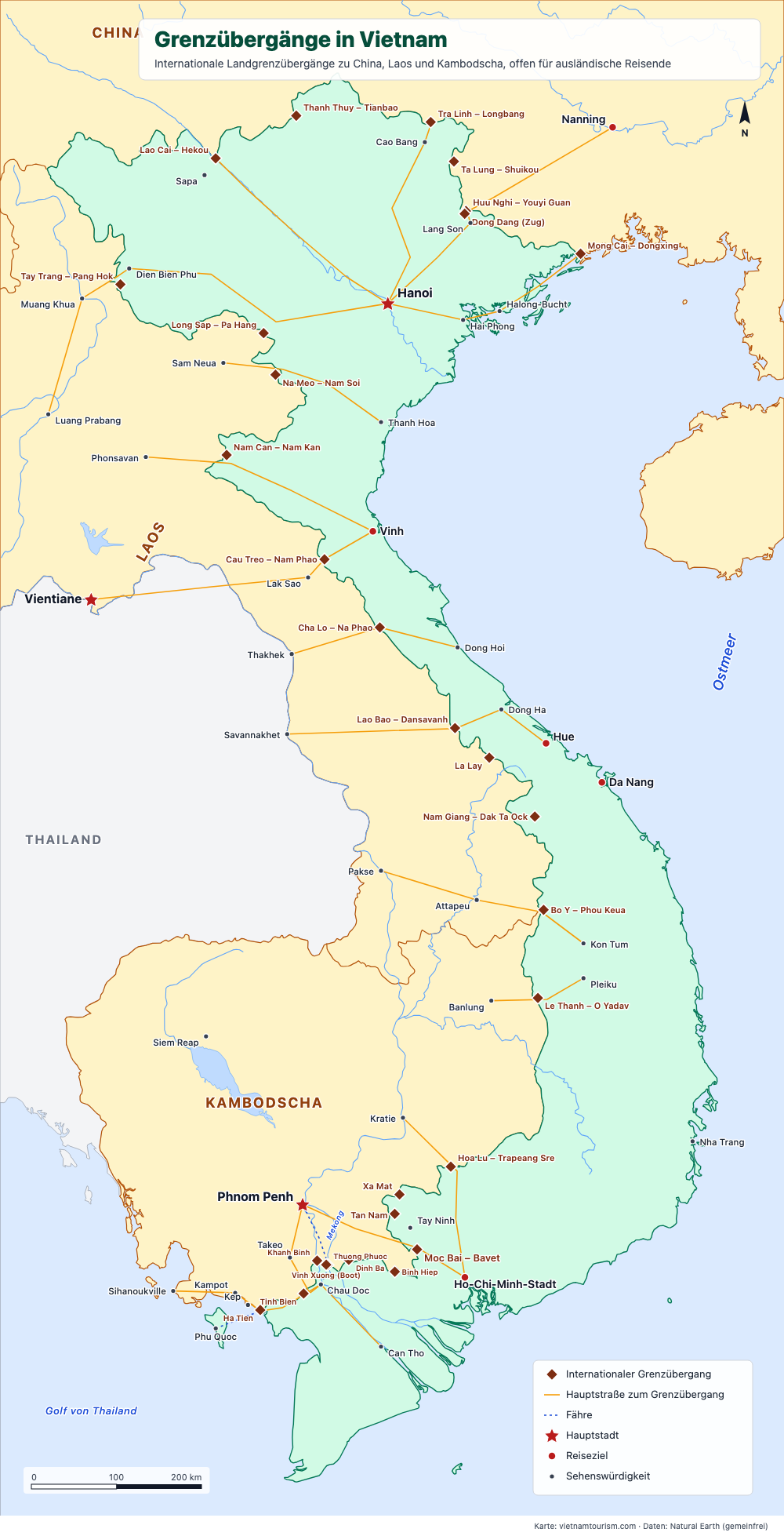 Karte der internationalen Grenzübergänge Vietnams mit China, Laos und Kambodscha und den dorthin führenden Straßen