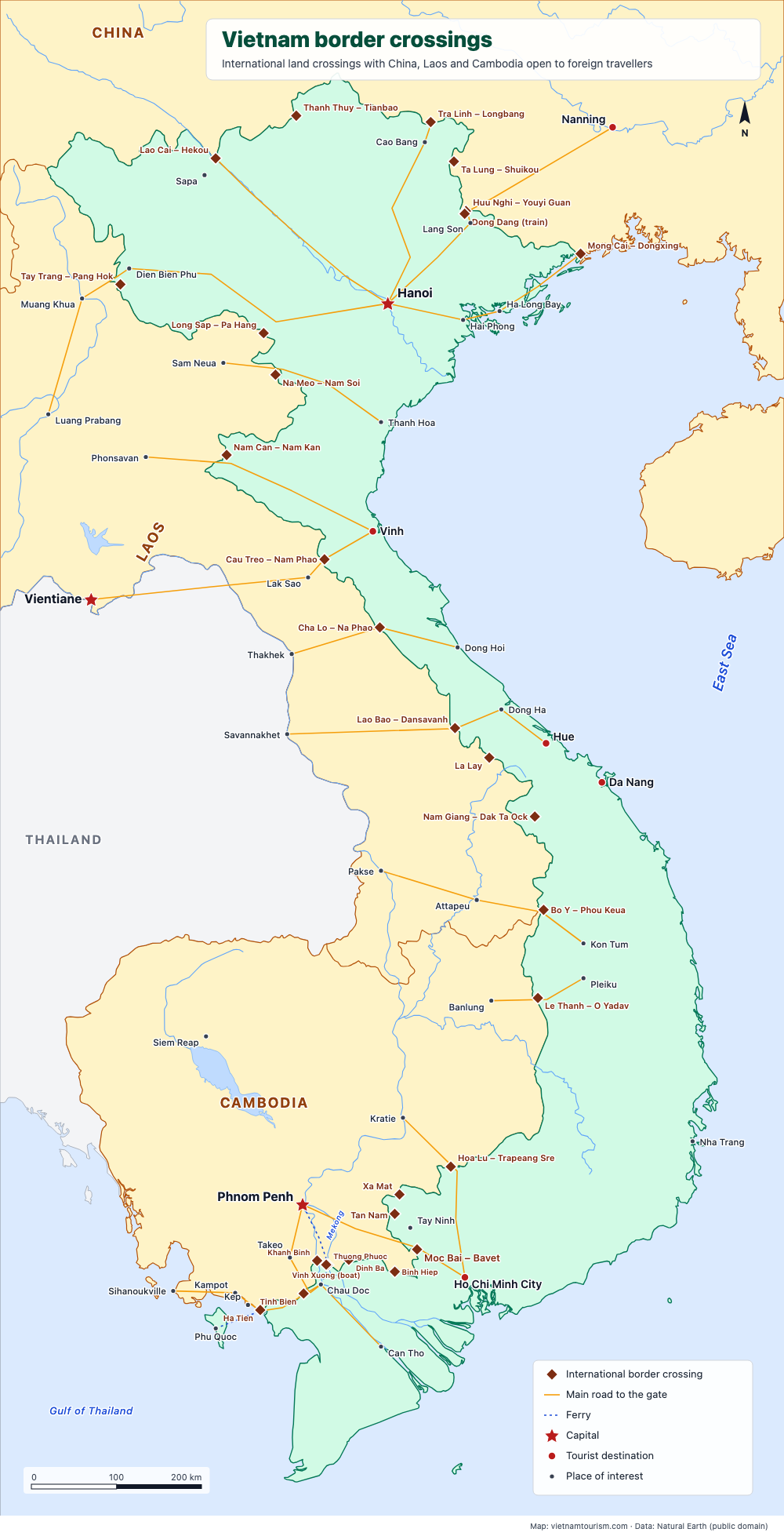 Map of Vietnam's international border crossings with China, Laos and Cambodia and the roads leading to them