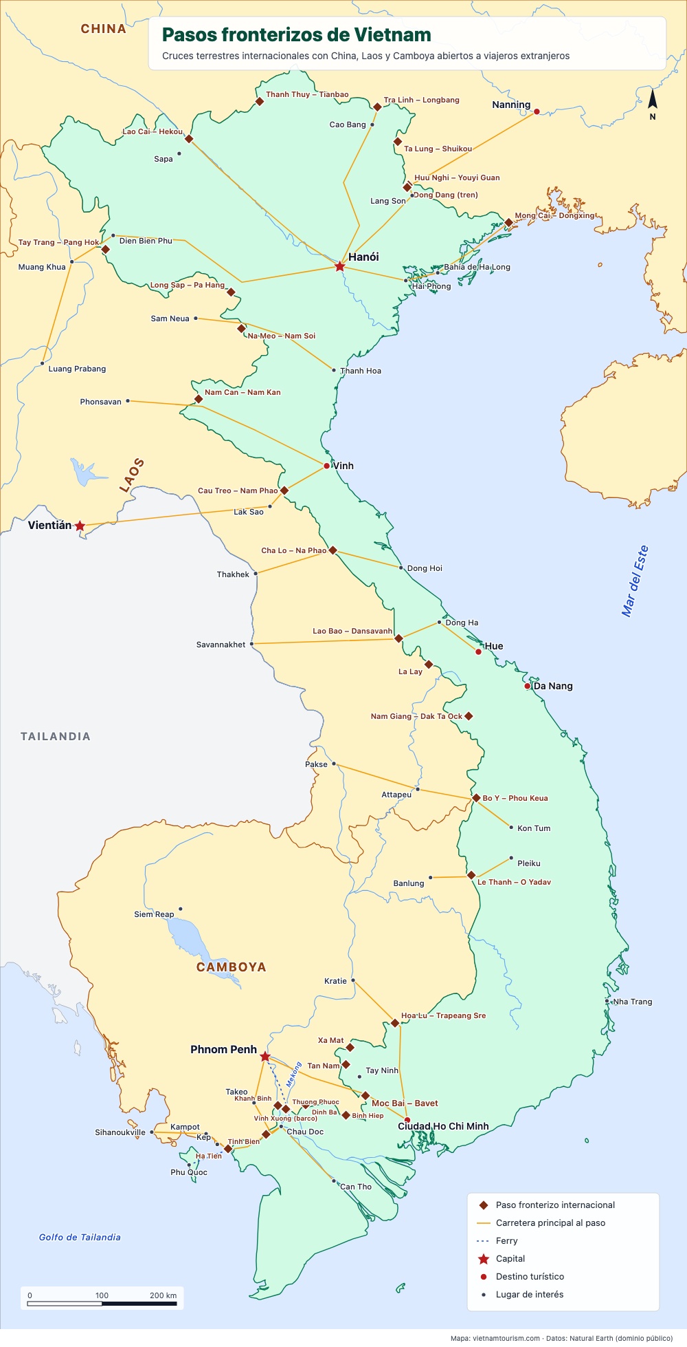 Mapa de los pasos fronterizos internacionales de Vietnam con China, Laos y Camboya y las carreteras que llevan a ellos