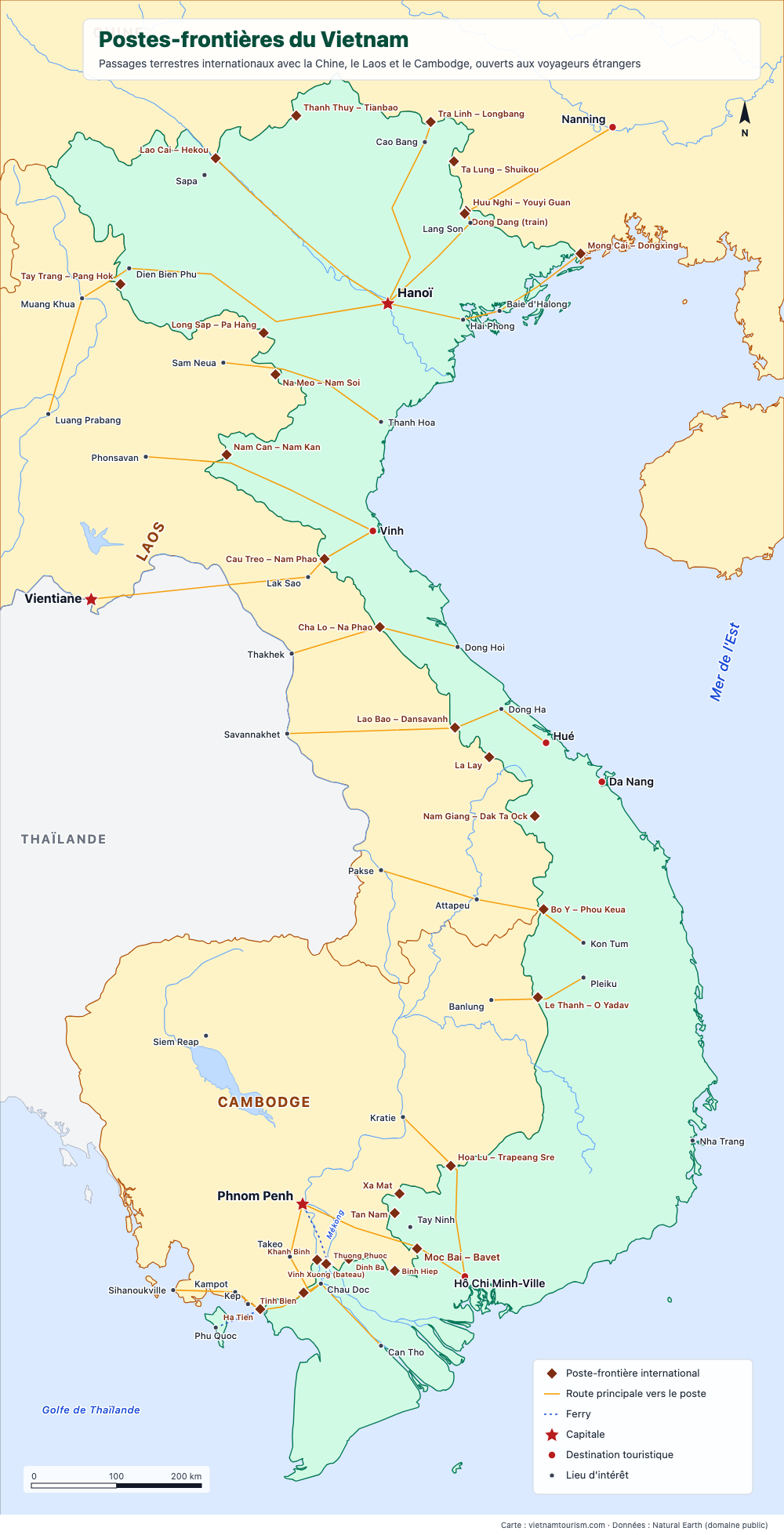 Carte des postes-frontières internationaux du Vietnam avec la Chine, le Laos et le Cambodge et des routes qui y mènent