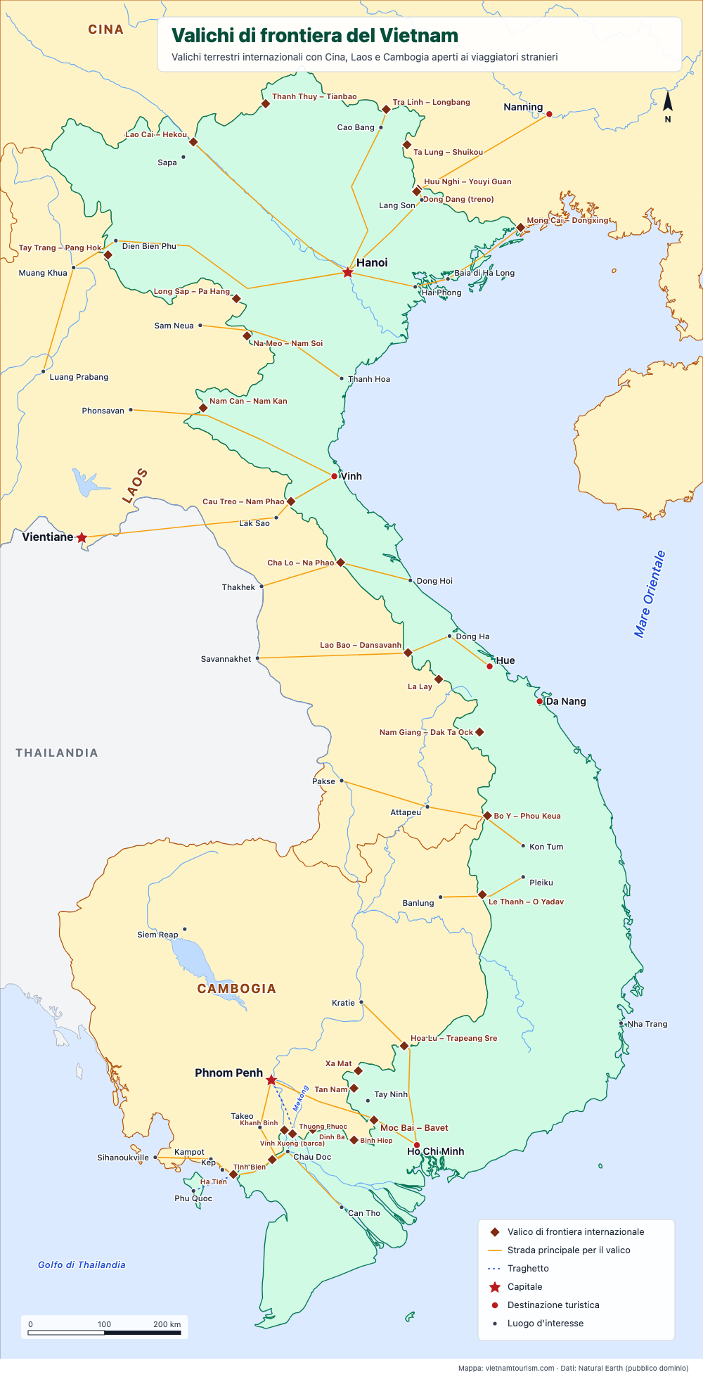 Mappa dei valichi di frontiera internazionali del Vietnam con Cina, Laos e Cambogia e delle strade che vi conducono