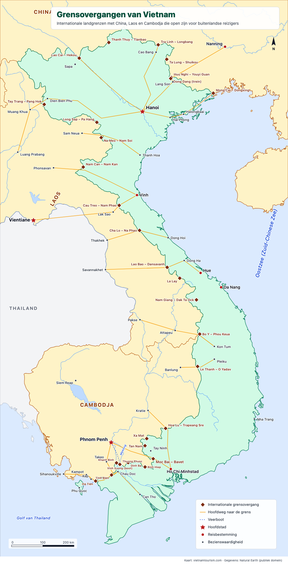 Kaart van de internationale grensovergangen van Vietnam met China, Laos en Cambodja en de wegen ernaartoe