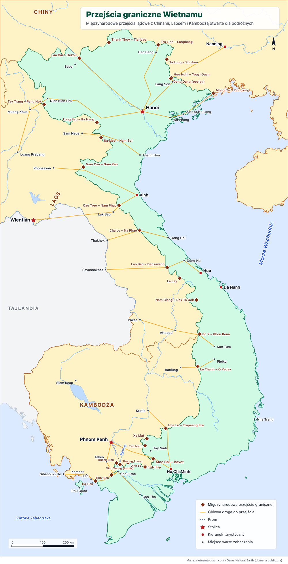 Mapa międzynarodowych przejść granicznych Wietnamu z Chinami, Laosem i Kambodżą oraz dróg do nich prowadzących