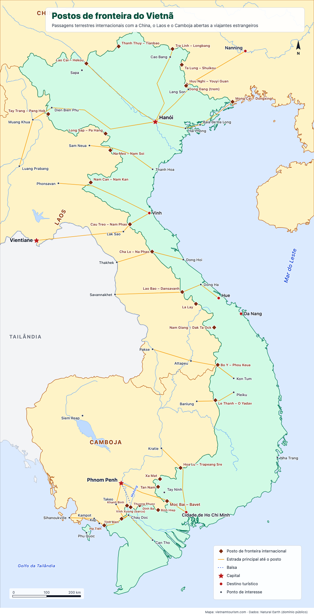 Mapa dos postos de fronteira internacionais do Vietnã com a China, Laos e Camboja e as estradas que levam até eles