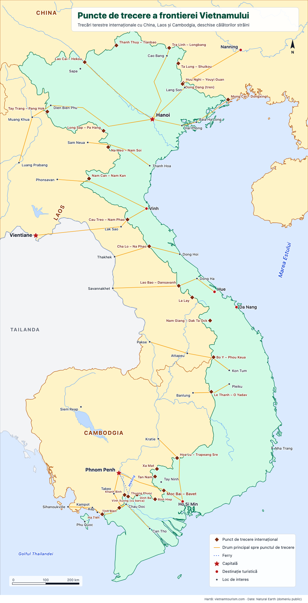 Hartă a punctelor de trecere a frontierei internaționale ale Vietnamului cu China, Laos și Cambodgia și a drumurilor care duc spre ele