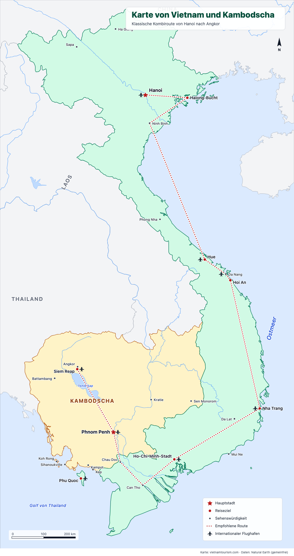Karte von Vietnam und Kambodscha mit kombinierter Reiseroute und 26 Orten