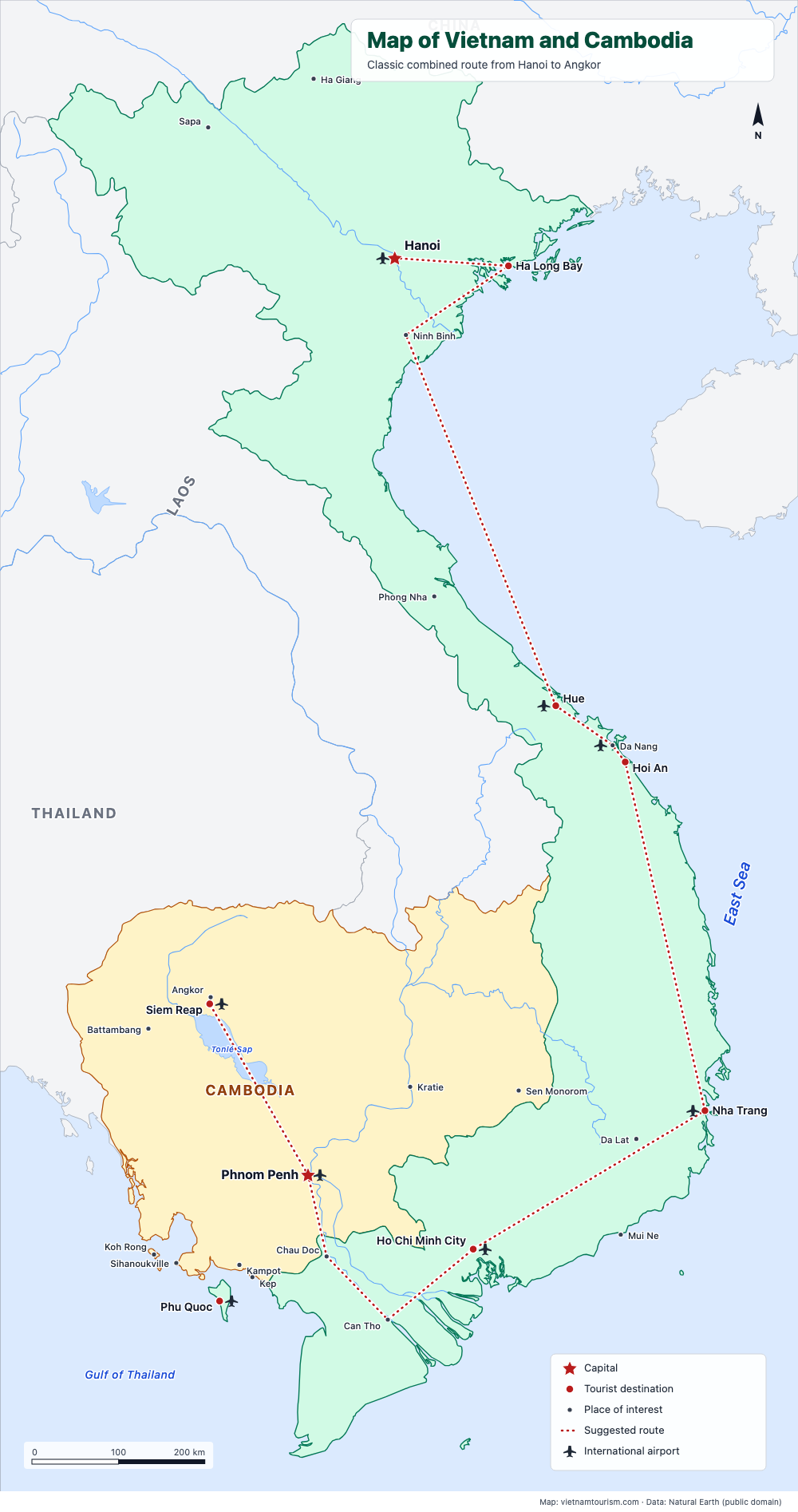 Map of Vietnam and Cambodia with a combined trip route and 26 places