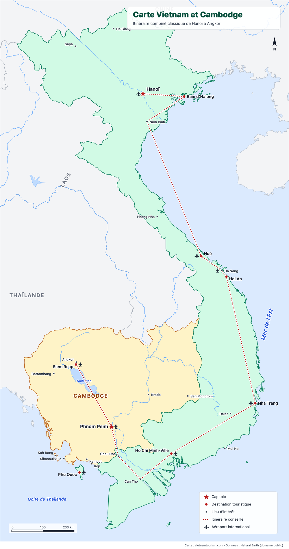 Carte du Vietnam et du Cambodge avec un itinéraire combiné et 26 lieux