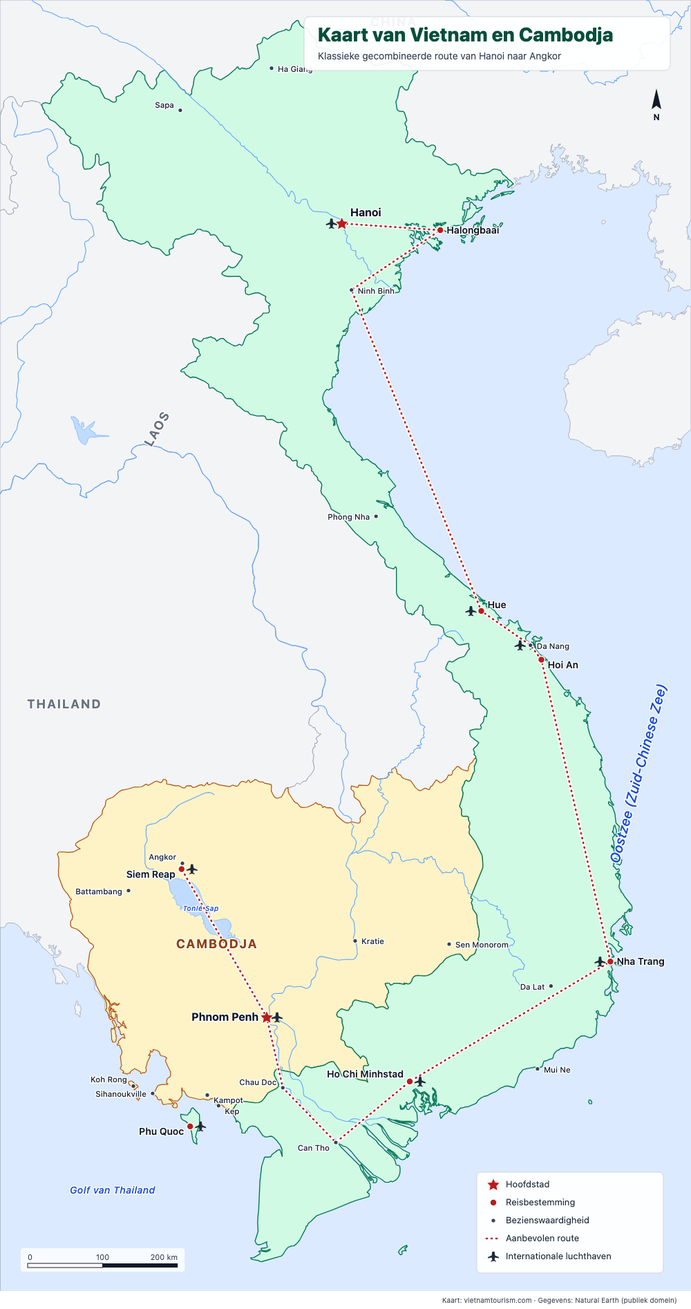 Kaart van Vietnam en Cambodja met een gecombineerde reisroute en 26 plaatsen