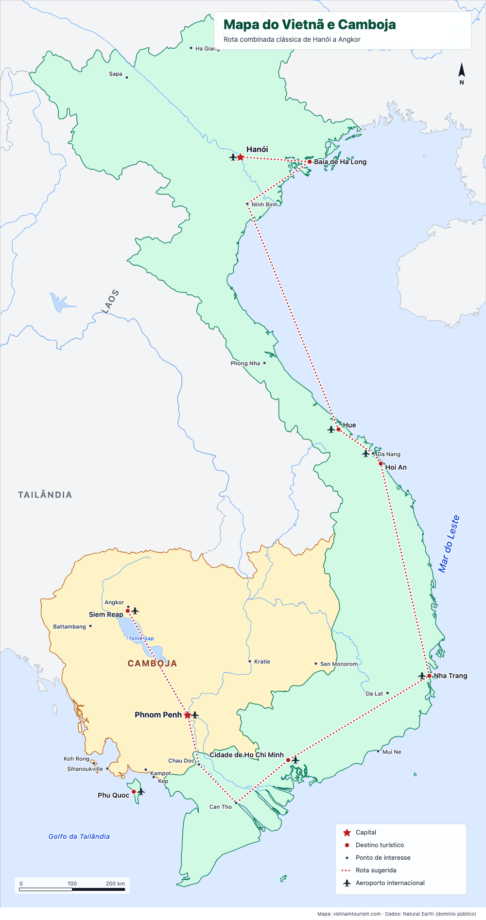 Mapa do Vietnã e Camboja com roteiro combinado e 26 lugares