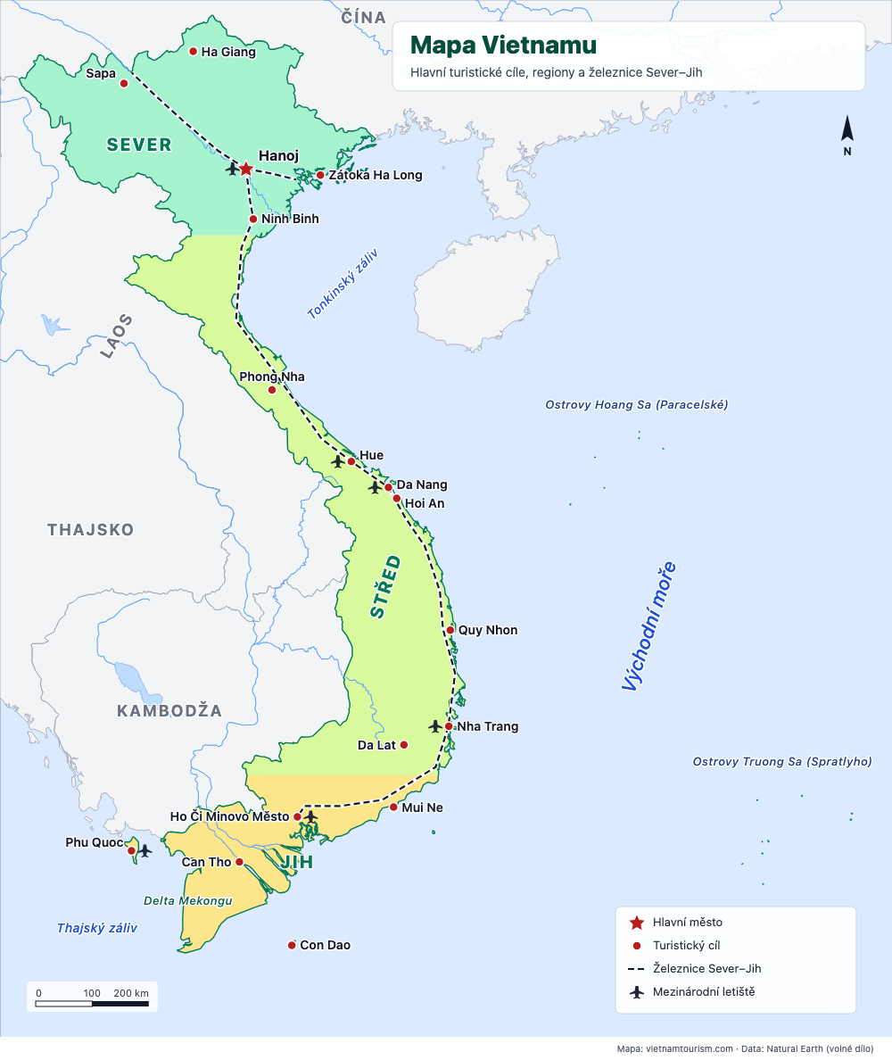 Mapa Vietnamu s regiony, hlavními destinacemi, železnicí a letišti