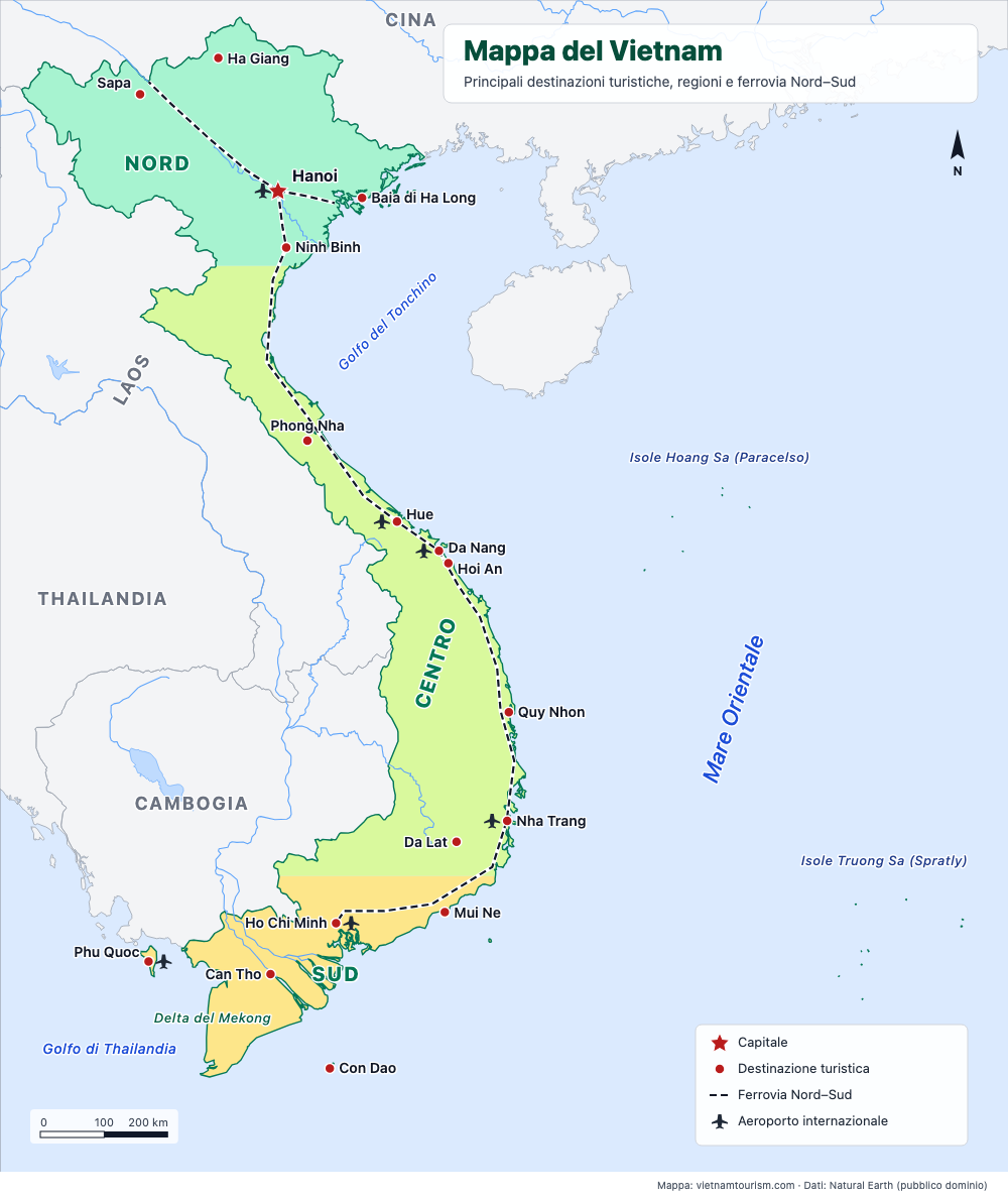 Mappa del Vietnam con regioni, principali destinazioni turistiche, ferrovia e aeroporti