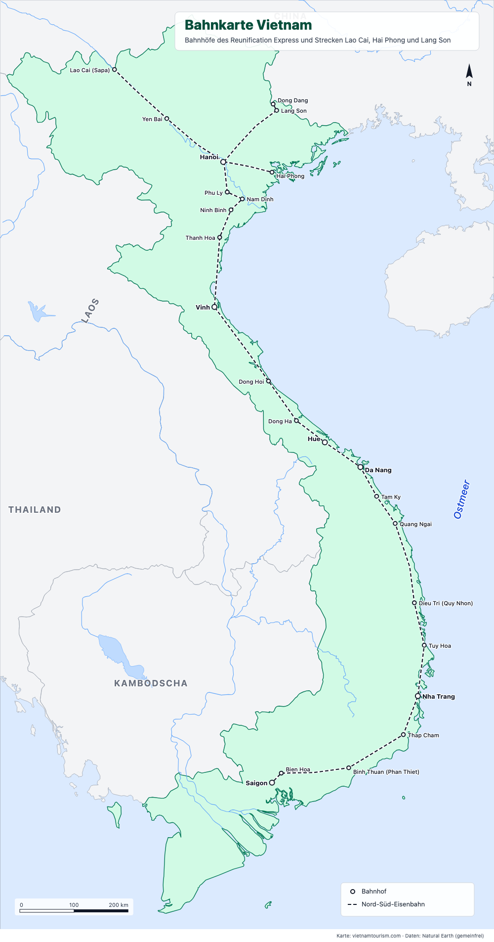 Zugkarte von Vietnam mit der Nord-Süd-Strecke und 24 Bahnhöfen