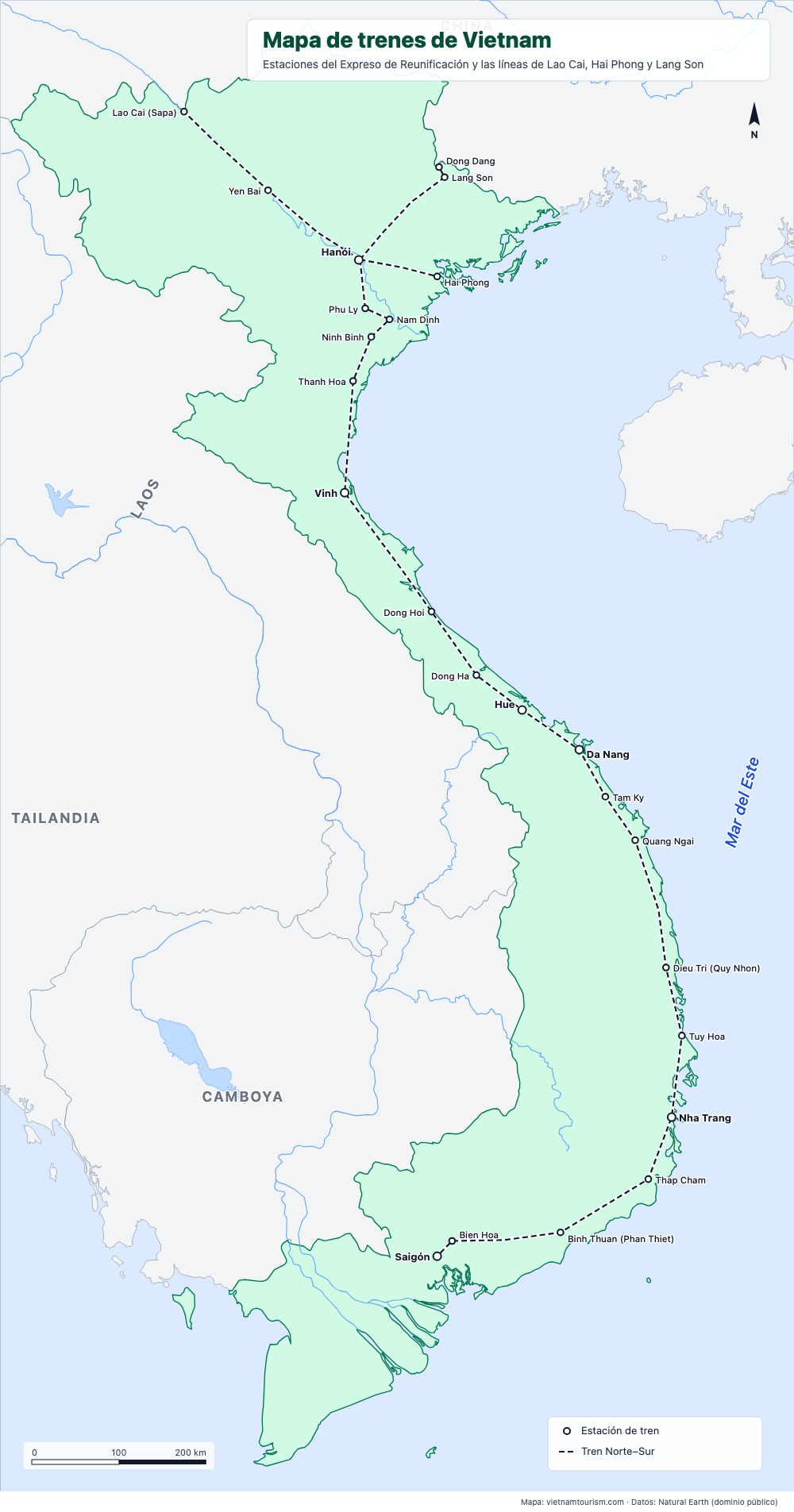 Mapa ferroviario de Vietnam con la línea Norte–Sur y 24 estaciones