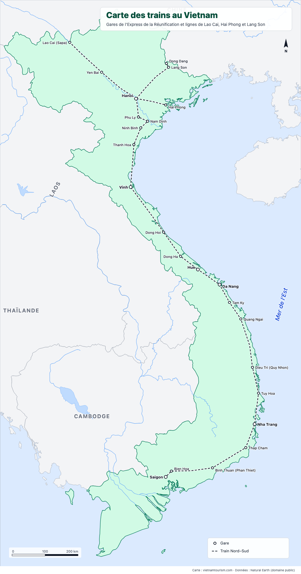 Carte ferroviaire du Vietnam avec la ligne Nord–Sud et 24 gares