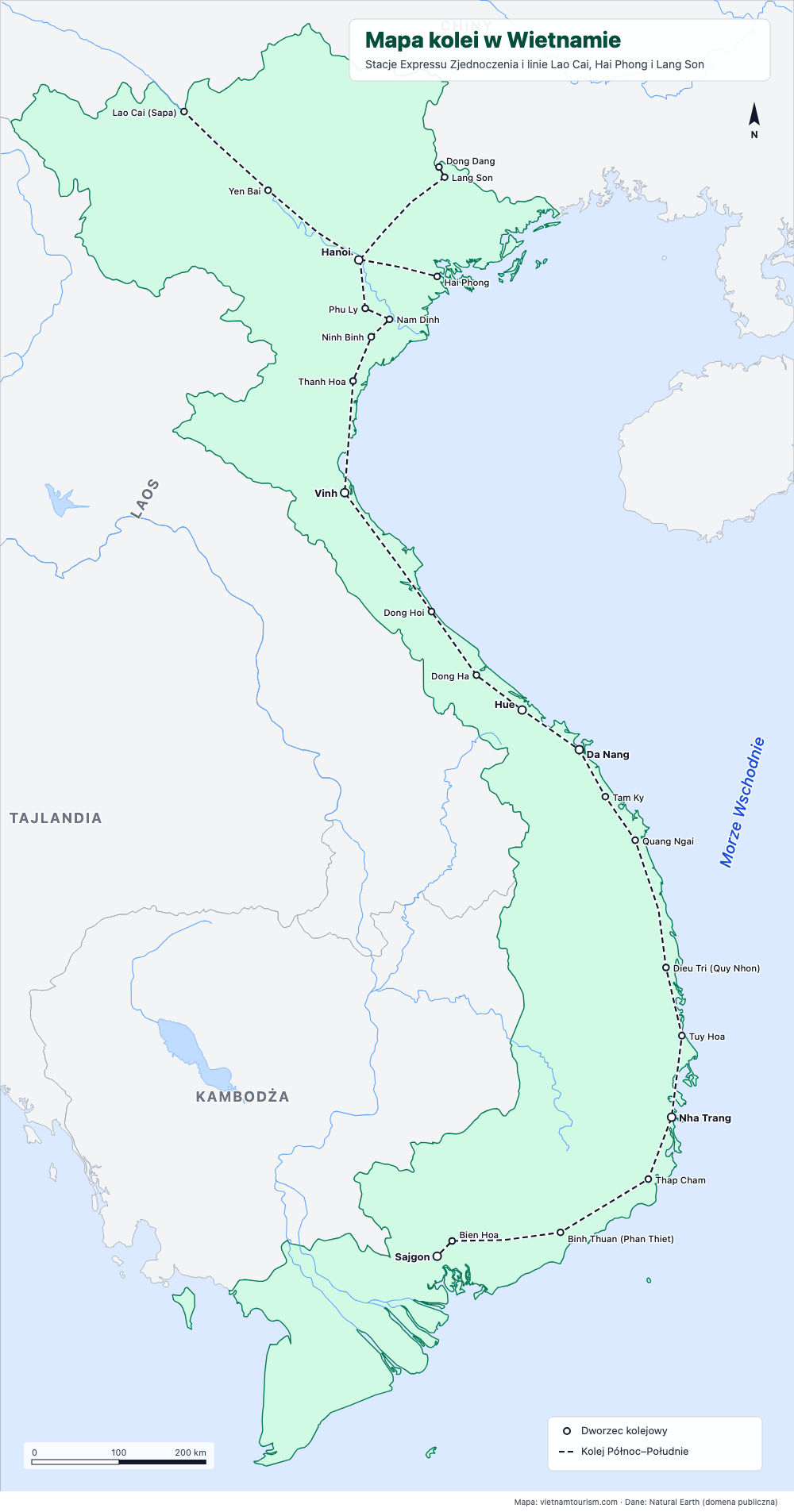 Mapa kolejowa Wietnamu z linią Północ–Południe i 24 stacjami