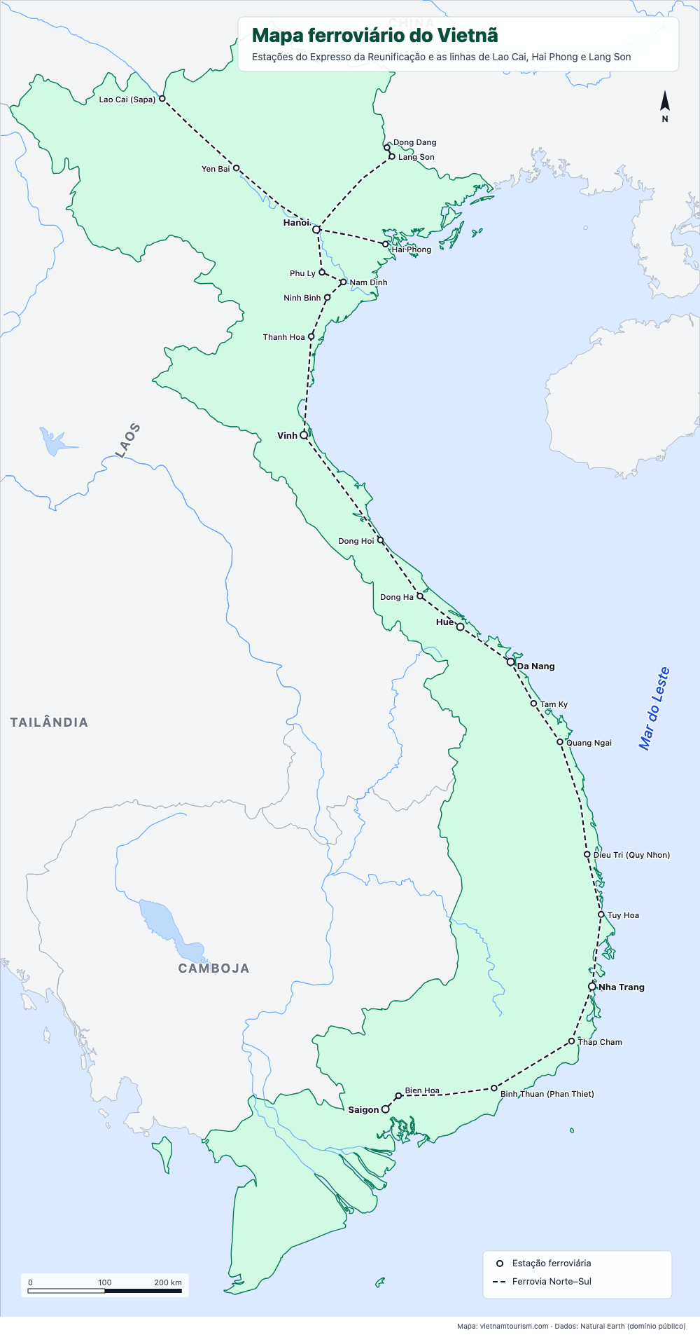 Mapa ferroviário do Vietnã com a linha Norte–Sul e 24 estações