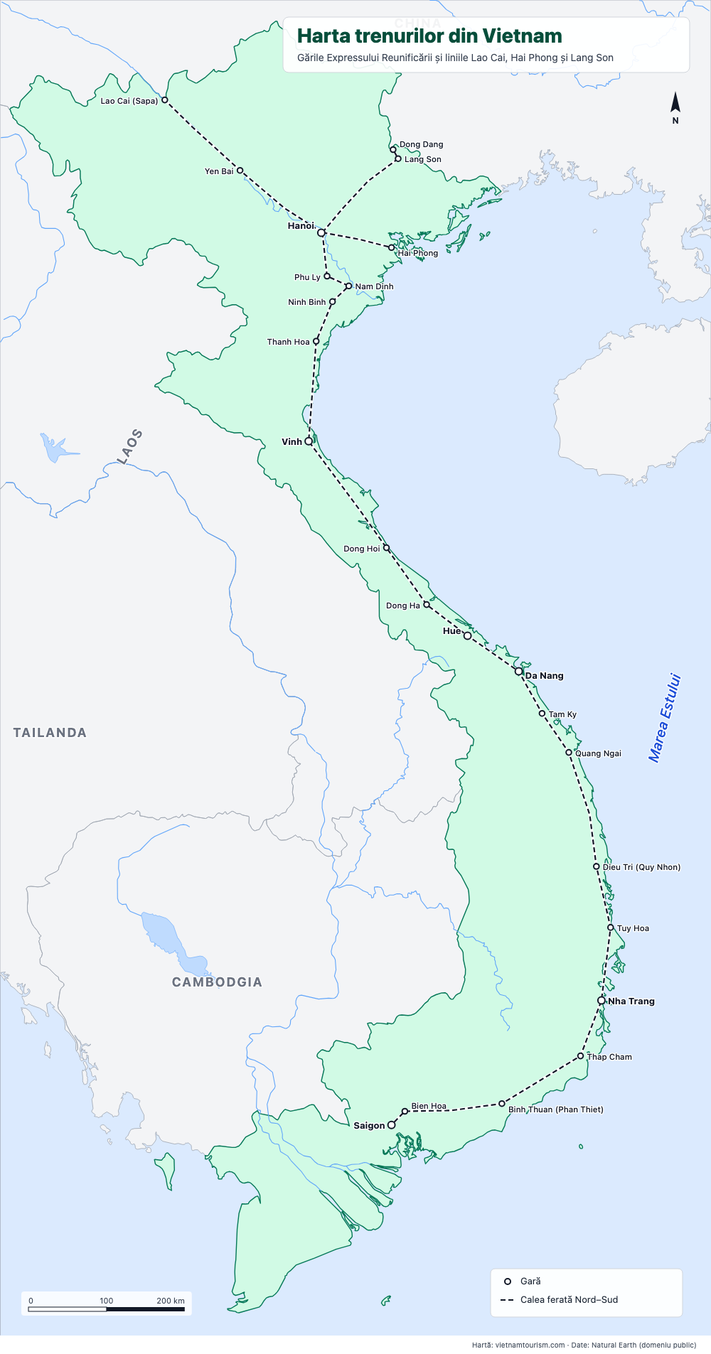 Hartă feroviară a Vietnamului cu linia Nord–Sud și 24 de gări